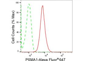 Flow cytometric analysis of PSMA1 expression in HT- cells using PSMA1 antibody (ABIN7799965), 1:2,000).