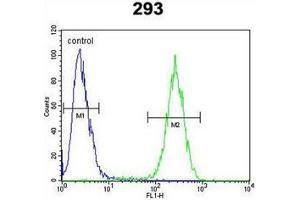 Flow cytometric analysis of 293 cells using ENSA Antibody  (right histogram) compared to a negative control cell (left histogram). (Ensa antibody  (Middle Region))