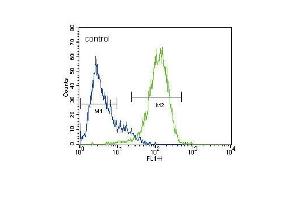 ABCG2 (BCRP) Antibody (Center)  flow cytometric analysis of HepG2 cells (right histogram) compared to a negative control cell (left histogram). (ABCG2 antibody  (Center))