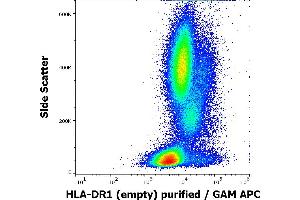 Flow cytometry surface staining pattern of human peripheral whole blood using anti-human HLA-DR1 (empty) (MEM-267) purified antibody (concentration in sample 9 μg/mL, GAM APC). (HLA-DR1 antibody)