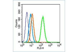 HL-60 cells probed with Insulin Receptor alpha Antibody, unconjugated  at 1:100 dilution for 30 minutes compared to control cells (blue) and isotype control (orange) (ISR-alpha antibody  (AA 701-760))