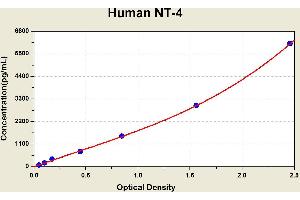 Diagramm of the ELISA kit to detect Human NT-4with the optical density on the x-axis and the concentration on the y-axis. (Neurotrophin 4 ELISA Kit)
