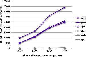 FLISA plate was coated with purified mouse IgGκ, IgMκ, IgAκ, IgGλ, IgMλ, and IgAλ. (Rat anti-Mouse Immunoglobulin kappa Chain Complex (Igk) Antibody (FITC))