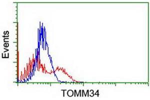 HEK293T cells transfected with either RC201083 overexpress plasmid (Red) or empty vector control plasmid (Blue) were immunostained by anti-TOMM34 antibody (ABIN2454785), and then analyzed by flow cytometry. (TOMM34 antibody)