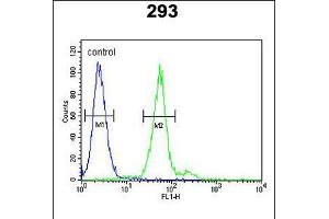 Flow cytometric analysis of 293 cells (right histogram) compared to a negative control cell (left histogram). (TPSAB1 antibody  (AA 61-87))