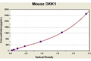 Diagramm of the ELISA kit to detect Mouse DKK1with the optical density on the x-axis and the concentration on the y-axis. (DKK1 ELISA Kit)