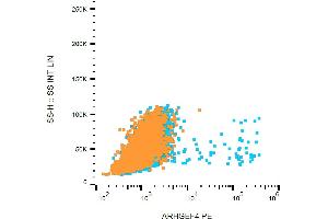 Flow cytometry intracellular staining pattern of of ARHGEF4 in transfected HEK-293 cells stained using anti-ARHGEF4 (ARHGEF-08) PE antibody (concentration in sample 1 μg/mL, blue) and Mouse IgG1 Isotype Control (MOPC-21) PE antibody (concentration in sample 1 μg/mL, orange). (ARHGEF4 antibody  (AA 143-271) (PE))