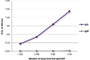 ELISA plate was coated with purified rat IgG and IgM. (Goat anti-Rat IgG (Heavy Chain) Antibody (HRP))