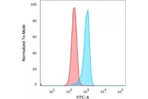 Flow Cytometric Analysis of PFA fixed HeLa cells using Beta-Catenin (p120) Monoclonal Antibody (5H10) followed by goat anti-mouse IgG-CF488 (Blue), Isotype Control (Red). (CTNNB1 antibody  (C-Term))