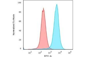 Flow Cytometric Analysis of paraformaldehyde-fixed K562 cells using CD43 Mouse Monoclonal Antibody (SPN/3388) followed by goat anti-Mouse IgG-CF488 (Blue); Isotype Control (Red).