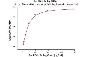 Immobilized Mouse PD-L2, Mouse IgG2a Fc Tag, low endotoxin  at 2 μg/mL (100 μL/well) can bind Rat PD-1, Fc Tag (ABIN2870774,ABIN2870775) with a linear range of 5-20 ng/mL (QC tested).