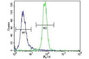 Parkin antibody flow cytometric analysis of NCI-H460 cells (right histogram) compared to a negative control (left histogram). (Parkin antibody  (AA 111-140))