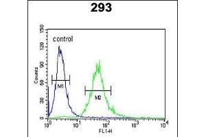 CEA Antibody (Center) (ABIN390407 and ABIN2840797) flow cytometric analysis of 293 cells (right histogram) compared to a negative control cell (left histogram). (CEA antibody  (AA 400-429))