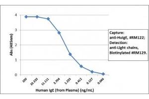 Sandwich ELISA with human plasma using recombinant Human IgE antibody as the capture (25ng/well) and biotinylated anti-human light chains (, kappa+, lambda) antibody clone RM129 as the detect, followed by an alkaline phosphatase conjugated streptavidin. (Recombinant IgE antibody)