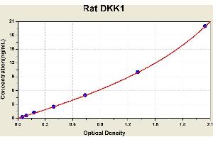 Diagramm of the ELISA kit to detect Rat DKK1with the optical density on the x-axis and the concentration on the y-axis.