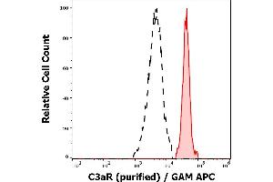 Separation of human neutrophil granulocytes (red-filled) from human lymphocytes (black-dashed) in flow cytometry analysis (surface staining) of peripheral whole blood stained using anti-human C3aR (HC3aRZ8) purified antibody (concentration in sample 1,7 μg/mL, GAM APC). (C3AR1 antibody)