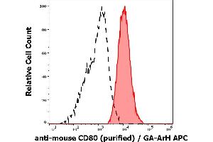 Separation of murine CD80 positive monocytes (red-filled) from CD80 negative lymphocytes (black-dashed) in flow cytometry analysis (surface staining) of murine peritoneal fluid cells stained using anti-mouse CD80 (16-10A1) purified antibody (concentration in sample 2 μg/mL) GAM APC. (CD80 antibody)