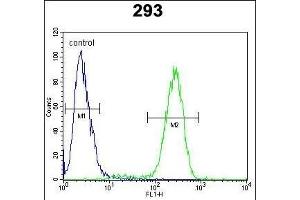 TRSS2 Antibody (N-term) (ABIN391563 and ABIN2841502) flow cytometric analysis of 293 cells (right histogram) coared to a negative control cell (left histogram).