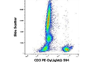 Flow cytometry surface staining pattern of human peripheral whole blood stained using anti-human CD3 (MEM-57) PE-DyLight® 594 antibody (4 μL reagent / 100 μL of peripheral whole blood).