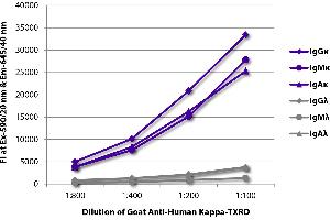 FLISA plate was coated with purified human IgGκ, IgMκ, IgAκ, IgGλ, IgMλ, and IgAλ. (Goat anti-Human Ig (Chain kappa) Antibody (Texas Red (TR)))
