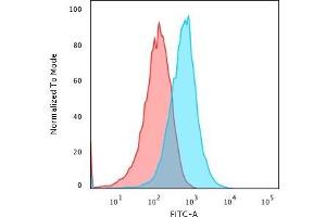 Flow Cytometric Analysis of PFA-fixed HePG2 cells using TNF alpha Mouse Monoclonal Antibody (TNFA/1172) followed by Goat anti- Mouse- IgG-CF488 (Blue); Isotype Control (Red). (TNF alpha antibody)