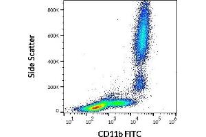 Flow cytometry surface staining pattern of human peripheral whole blood stained using anti-human CD11b (ICRF44) FITC antibody (4 μL reagent / 100 μL of peripheral whole blood). (CD11b antibody  (FITC))