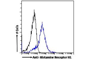 (ABIN185462) Flow cytometric analysis of paraformaldehyde fixed A431 cells (blue line), permeabilized with 0. (HRH1 antibody  (C-Term))