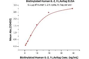 Immobilized Human IL-2 R alpha, Fc Tag (ABIN2181382,ABIN2181381) at 5 μg/mL (100 μL/well) can bind Biotinylated Human IL-2, Fc,Avitag (ABIN6731255,ABIN6809921) with a linear range of 0.