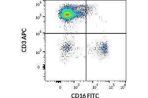 Flow cytometry multicolor surface staining of human lymphocytes using anti-human CD16 (LNK16) FITC antibody (20 μL reagent / 100 μL of peripheral whole blood) and anti-human CD3 (UCHT1) APC antibody (10 μL reagent / 100 μL of peripheral whole blood).