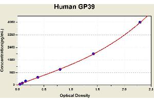 Diagramm of the ELISA kit to detect Human GP39with the optical density on the x-axis and the concentration on the y-axis.