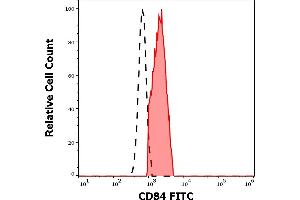 Separation of human CD177 positive lymphocytes (red-filled) from neutrophil granulocytes (black-dashed) in flow cytometry analysis (surface staining) of human peripheral whole blood stained using anti-human CD84 (CD84. (CD84 antibody  (FITC))