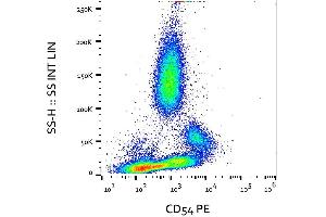Flow cytometry analysis (surface staining) of CD54 expression in activated human peripheral blood with anti-CD54 (MEM-111) PE. (ICAM1 antibody)