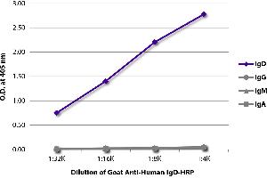 ELISA plate was coated with purified human IgD, IgG, IgM, and IgA. (Goat anti-Human IgD (Heavy Chain) Antibody (HRP))