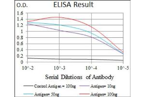 Red: Control Antigen (100ng) ; Purple: Antigen (10ng) ; Green: Antigen (50ng) ; Blue: Antigen (100ng).