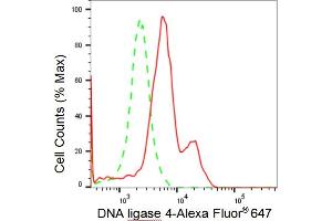 Flow cytometric analysis of DNA ligase 4 expression in HeLa cells using DNA ligase 4 antibody (ABIN7799266), 1:2,000).