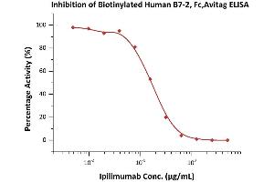 Serial dilutions of Ipilimumab were added into Human CTLA-4, Fc Tag (ABIN2180932,ABIN2180931): Biotinylated Human B7-2, Fc,Avitag (ABIN3137664,ABIN4369368) binding reactions. (CD86 Protein (CD86) (AA 26-247) (Fc Tag,AVI tag,Biotin))