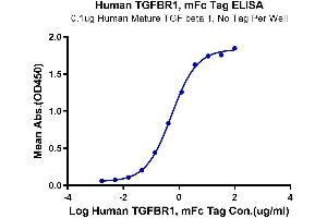 Immobilized Human Mature TGF beta 1 at 1 μg/mL (100 μL/Well). (TGFBR1 Protein (mFc-Avi Tag))
