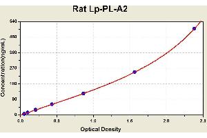 Diagramm of the ELISA kit to detect Rat Lp-PL-A2with the optical density on the x-axis and the concentration on the y-axis. (PLA2G7 ELISA Kit)