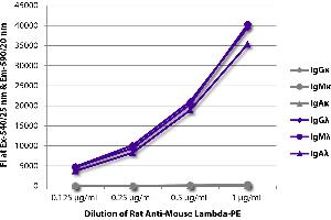 FLISA plate was coated with purified mouse IgGκ, IgMκ, IgAκ, IgGλ, IgMλ, and IgAλ. (Rat anti-Mouse lambda Antibody (PE))