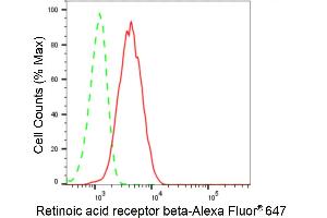 Flow cytometric analysis of Retinoic acid receptor beta expression in HeLa cells using Retinoic acid receptor beta antibody (ABIN7800190), 1:2,000).