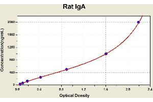 Diagramm of the ELISA kit to detect Rat 1 gAwith the optical density on the x-axis and the concentration on the y-axis. (IgA ELISA Kit)