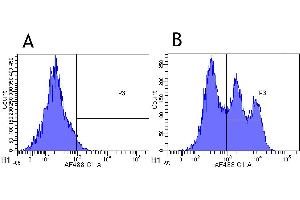 Flow-cytometry using anti-CD52 antibody Campath-1H   Cynomolgus monkey lymphocytes were stained with an isotype control (panel A) or the rabbit-chimeric version of Campath-1H (-23. (Recombinant CD52 antibody)