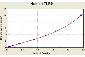 Diagramm of the ELISA kit to detect Human TLR9with the optical density on the x-axis and the concentration on the y-axis. (TLR9 ELISA Kit)