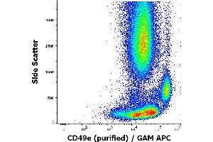 Flow cytometry surface staining pattern of human peripheral whole blood stained using anti-human CD49e (SAM1) purified antibody (concentration in sample 1,7 μg/mL, GAM APC). (ITGA5 antibody)