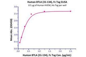 Immobilized Human HVEM, His Tag (Cat # HVM-H52E9) at 5 μg/mL (100 μL/well) can bind Human BTLA, Fc Tag (Cat # BTA-H5255) with a linear range of 0.