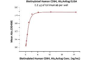Immobilized Ipilimumab at 2 μg/mL (100 μL/well) can bind Biotinylated Human CD64, His,Avitag (ABIN5954991,ABIN6253649) with a linear range of 0. (FCGR1A Protein (AA 16-288) (His tag,AVI tag,Biotin))