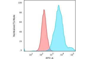 Flow Cytometric Analysis of PFA-fixed HeLa cells using Cytokeratin 18 Rabbit Recombinant MAb(KRT18/2819R) followed by Goat anti-rabbit IgG-CF488 (Blue); Isotype Control (Red). (Recombinant Cytokeratin 18 antibody)
