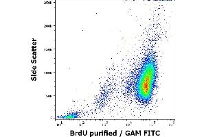 Flow cytometry intracellular staining pattern of BrdU incorporated K562 cells stained using anti-BrdU (Bu20a) purified antibody (concentration in sample 4 μg/mL, GAM FITC). (BrdU antibody)