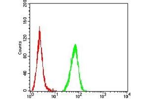 Flow cytometric analysis of Hela cells using PMAIP1 mouse mAb (green) and negative control (red). (NOXA antibody  (AA 1-54))