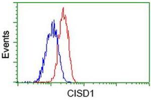 Flow cytometric Analysis of Jurkat cells, using anti-CISD1 antibody (ABIN2452906), (Red), compared to a nonspecific negative control antibody (ABIN2452906), (Blue). (CISD1 antibody)